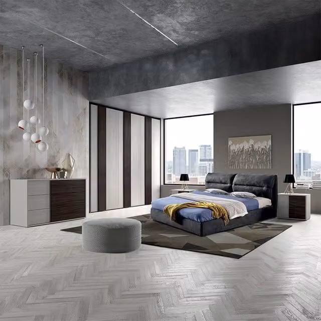 Set camera da letto moderna Cecilia in grigio frassino e noce scuro con contenitore a sollevamento e letto 160x200 cm