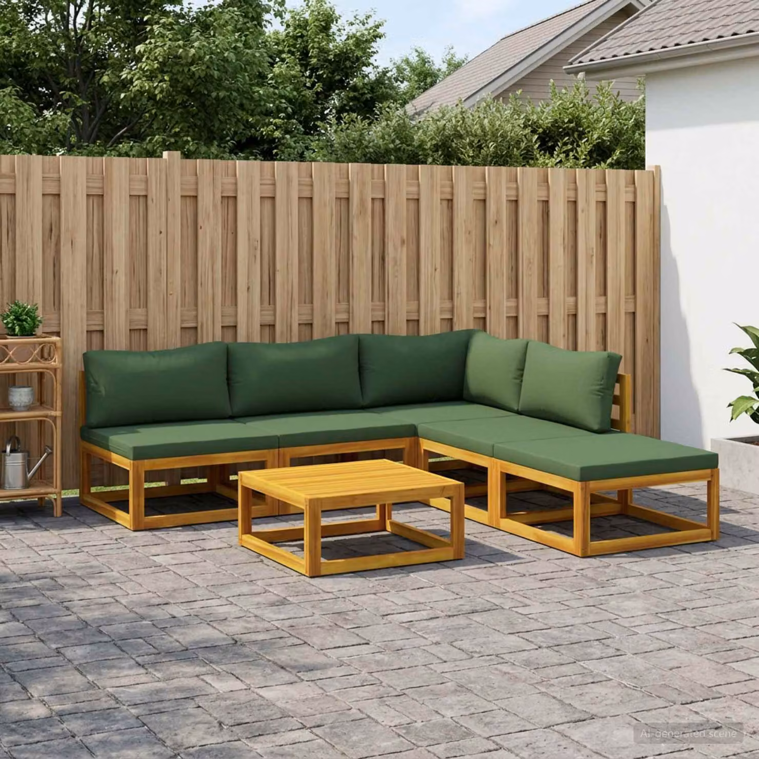 Set di divani da giardino vidaXL in legno di acacia massello con pouf e tavolino, 6 pezzi, colore marrone e verde
