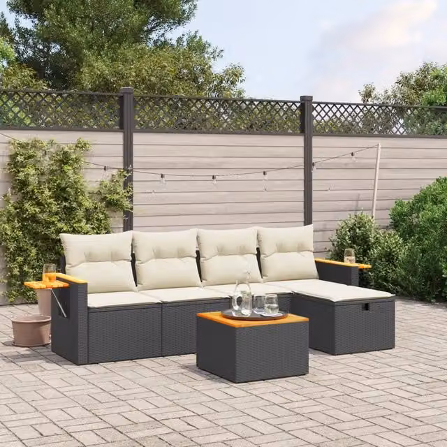 Set Divano da Giardino a L vidaXL in Polyrattan Nero con Cuscini e Tavolino da 6 Pezzi – 1