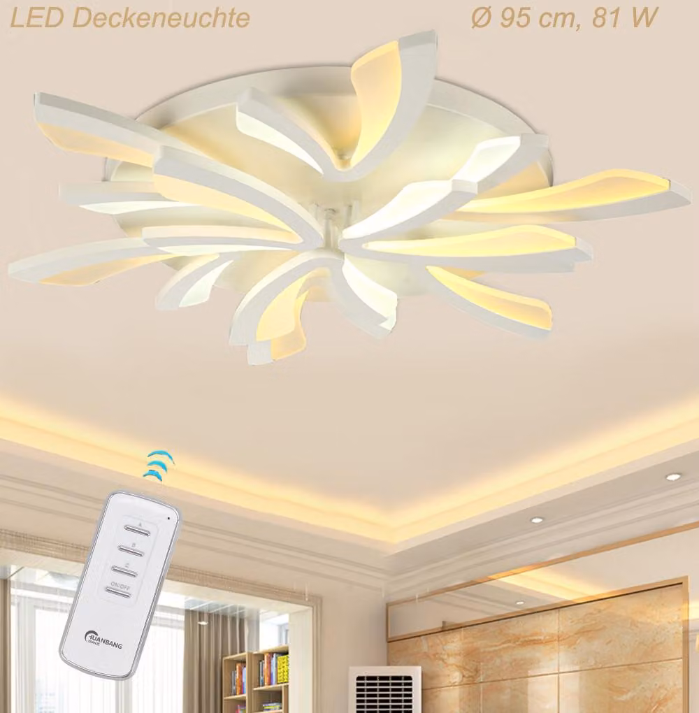 Lampada a soffitto LED modello XW062WJ-9 con telecomando. Possibilità di regolare il colore e l'intensità della luce. Paralume in acrilico, struttura in metallo verniciata di bianco. Design moderno. Classe di efficienza energetica: A+