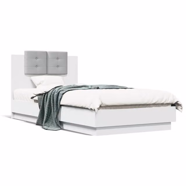 Letto singolo moderno con testiera imbottita in tessuto e struttura in legno, Bianco e Grigio, L/P/H: 90 x 190 x 84 cm