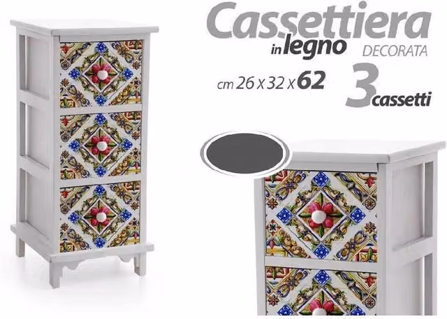 Trade Shop - Cassettiera 3 Cassetti Comodino Cucina Bagno Camera Letto Legno 62x26x32cm 829390 -
