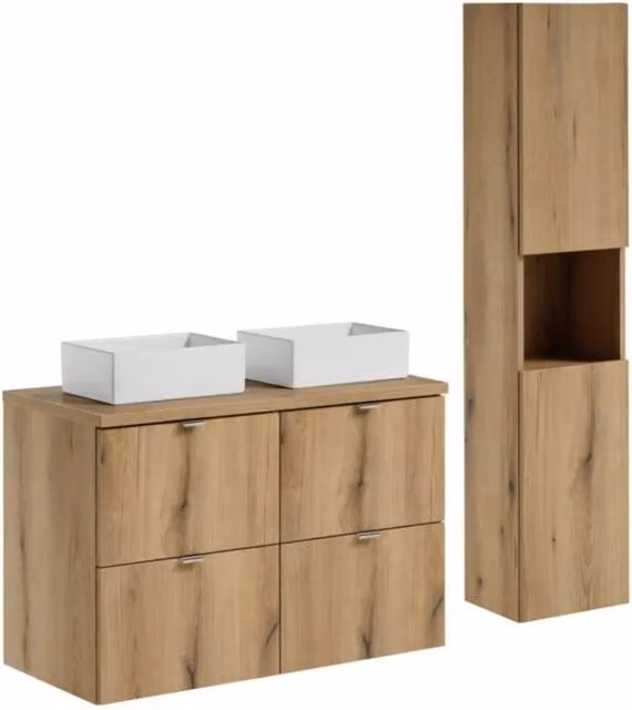 Set VANO effetto quercia 130cm: mobili sottolavabo con cassetti + piano per lavabo + lavabi rettangolari da appoggio + colonna