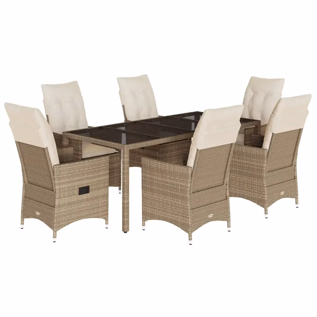 vidaXL Set da Pranzo da Giardino 7 pz in Polyrattan con Cuscini Beige e Piano in Vetro – 2