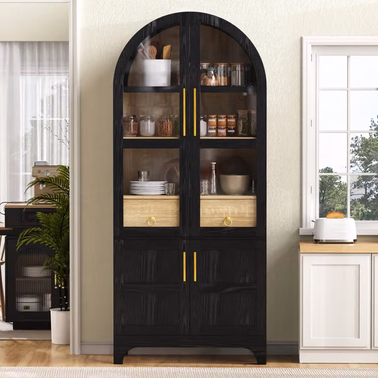 Mobiletto da cucina Flieks con ripiani regolabili, cassetto, mobiletto alto con vetro smerigliato, ampio spazio di stoccaggio, mobiletto alto per sala da pranzo o soggiorno, colore nero