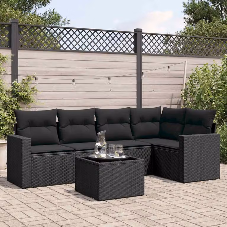 vidaXL Set Divano da Giardino 6 pz a L con Cuscini Nero in Polyrattan e Tavolino da Esterno