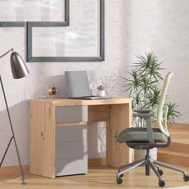 Scrivania DMORA Anholt in legno rovere marrone e grigio, L: 98 cm, P: 47 cm, H: 74 cm