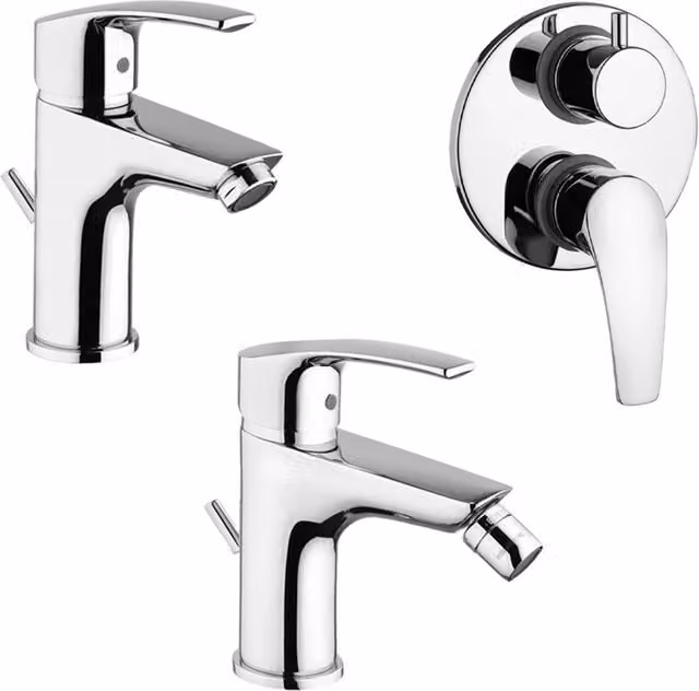Set di miscelatori per lavabo, bidet e doccia a due vie New Berry di Paini Rubinetterie, finitura cromata