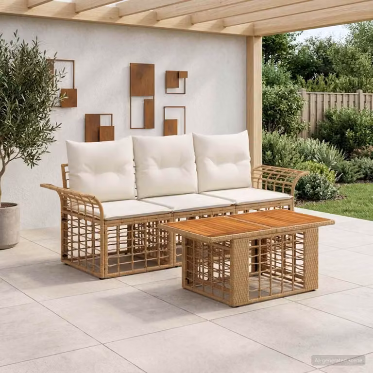 Set Divano da Giardino vidaXL in Polyrattan 4 Pezzi con Cuscini, Colore Naturale e Bianco Crema