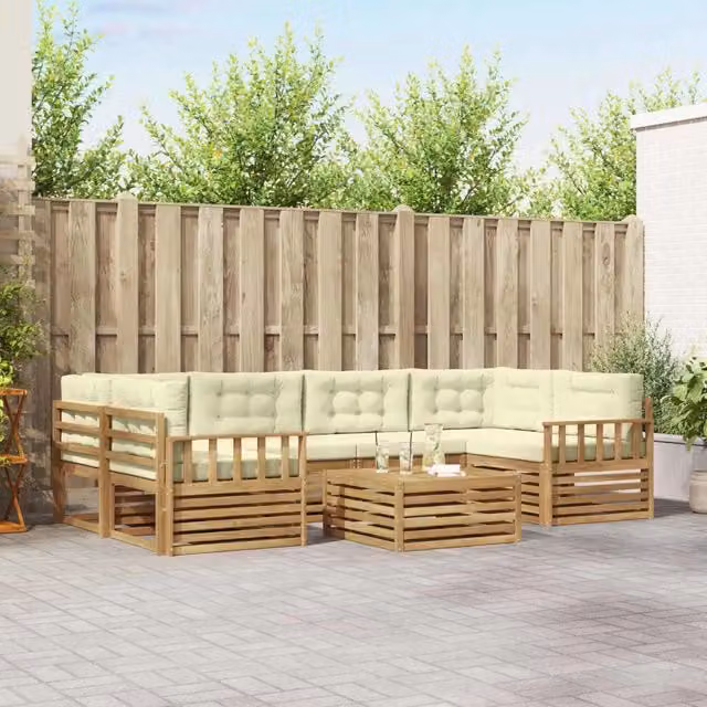 Set di divani da esterno 7 pezzi vidaXL in legno di acacia con tavolino da giardino, colore bianco e beige – 1