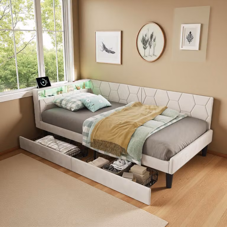 Letto imbottito ProximaX 90x200 cm grigio, letto con contenitore dotato di 2 cassetti e illuminazione a LED, porte di ricarica USB/Type-C, rivestimento in velluto, divano letto 2 in 1