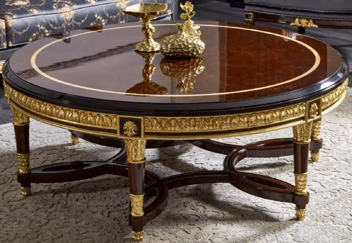 Casa Padrino Tavolino barocco marrone scuro/oro - Tavolo da salotto rotondo in legno massiccio in stile barocco - Mobili da salotto in stile barocco - Mobili barocchi - Nobili e magnifici