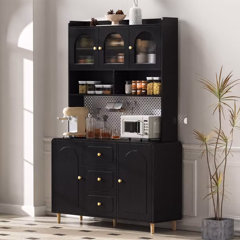 Mobile da cucina Merax, credenza a colonna con 3 cassetti, anta in vetro, pannello forato, mobile buffet per cucina e sala da pranzo, soggiorno, nero