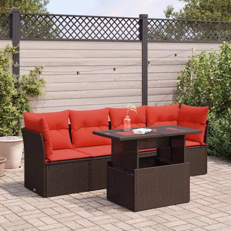 Set Divano da Giardino vidaXL 5 Pezzi in Polyrattan e Legno di Acacia con Cuscini Marroni e Tavolino da Caffè in Vetro