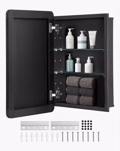 Armadietto per Medicinali VEVOR con Specchio per Bagno, Design Moderno Nero con Ripiani in Vetro Regolabili, Installazione a Incasso o a Parete, L: 40,6 cm, H: 61,0 cm