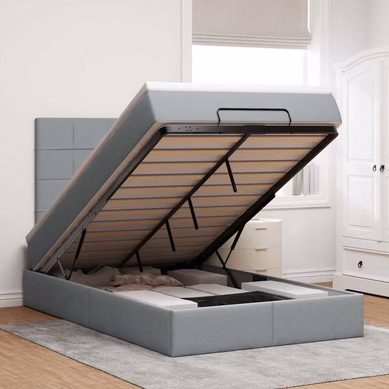 Letto moderno vidaXL con base contenitore a sollevamento, illuminazione sottostante e porta USB, rivestito in tessuto grigio e bianco, L/P/H: 200 x 120 x 128 cm