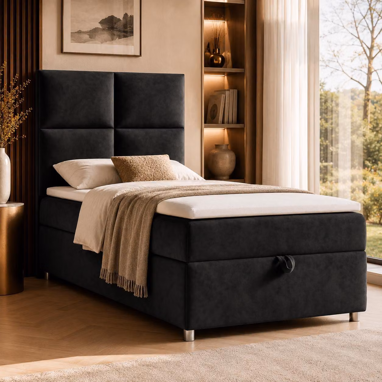 Best for Home Letto boxspring con contenitore Trinity K2-SINGLE 90x200 Materasso a molle Bonell incl. topper – Nero