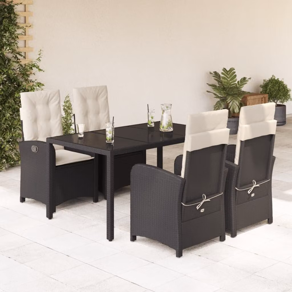 vidaXL Set da Pranzo da Giardino 5 pz in Polyrattan Nero con Cuscini e Tavolo in Vetro – 1