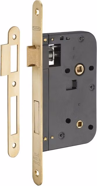 Serratura da incasso per WC con asse 60 mm e frontale in ottone satinato color oro THIRARD – 1