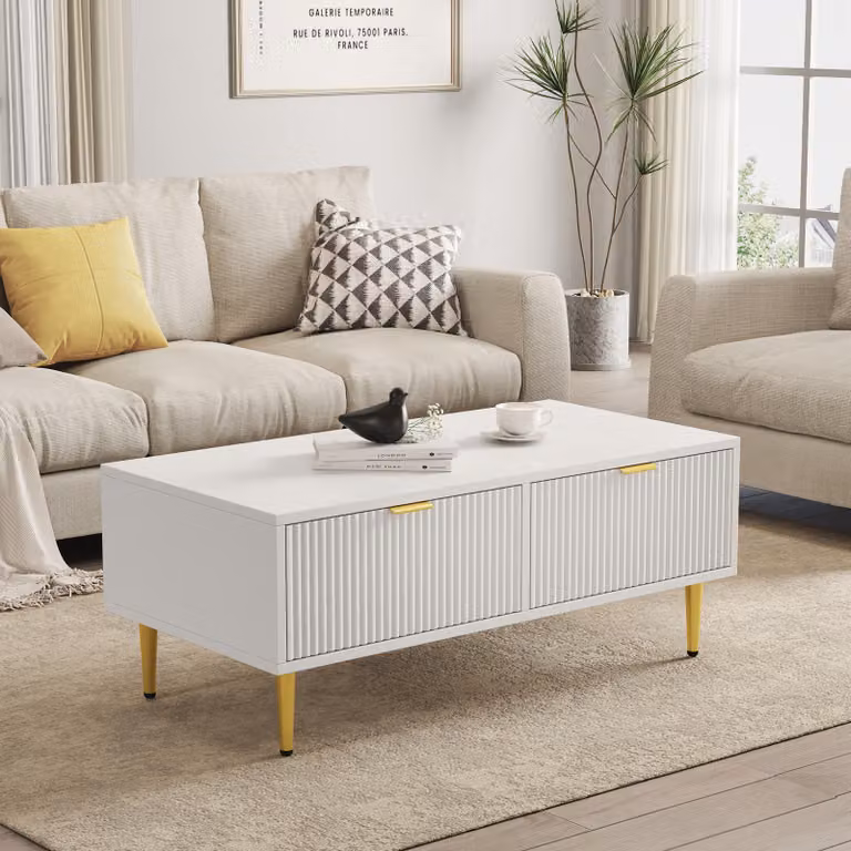 Tavolino Okwish, tavolino, tavolino con 2 cassetti e decorazioni dorate, bianco, 100x50x40 cm