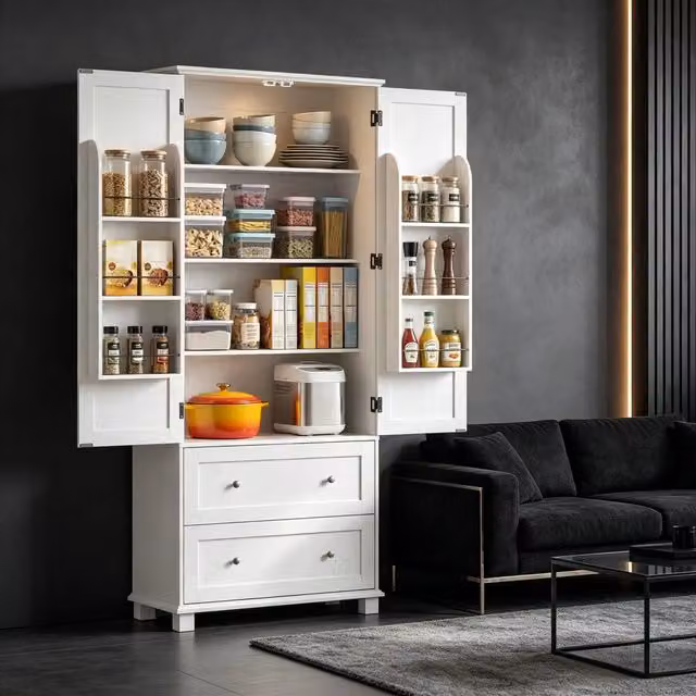 Mobile colonna da cucina con 2 ante 2 cassetti 6 ripiani sulle ante e ripiani regolabili bianco 80 × 39;5 × 184;5 cm