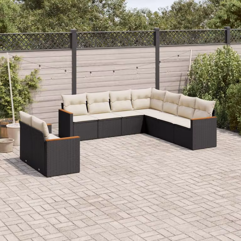 vidaXL Set Divani da Giardino a L 9 pz in Polyrattan Nero con Cuscini e Ottoman