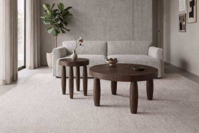 Set di tavolini da salotto in stile moderno, marroni, con gambe in legno e piano in legno, tavolo rotondo