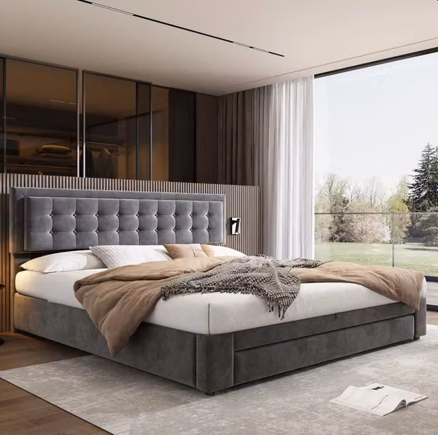 Letto contenitore 160x200 cm; testiera regolabile; spazio contenitivo; velluto grigio