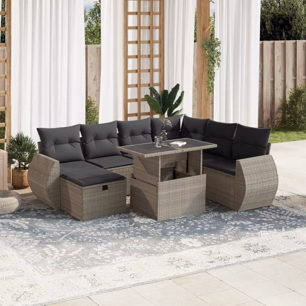 vidaXL Set Divano da Giardino a L in Polyrattan con Cuscini Grigio Chiaro e Tavolino da 8 Pezzi – 1