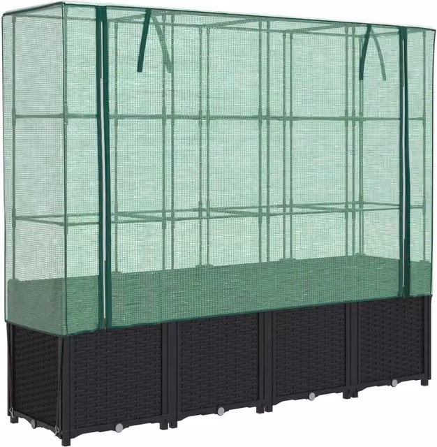 Letto rialzato con copertura per serra effetto rattan DESIGN IN, fioriera per orto e giardino, L/P/H: 160 x 40 x 153 cm, colore nero e verde