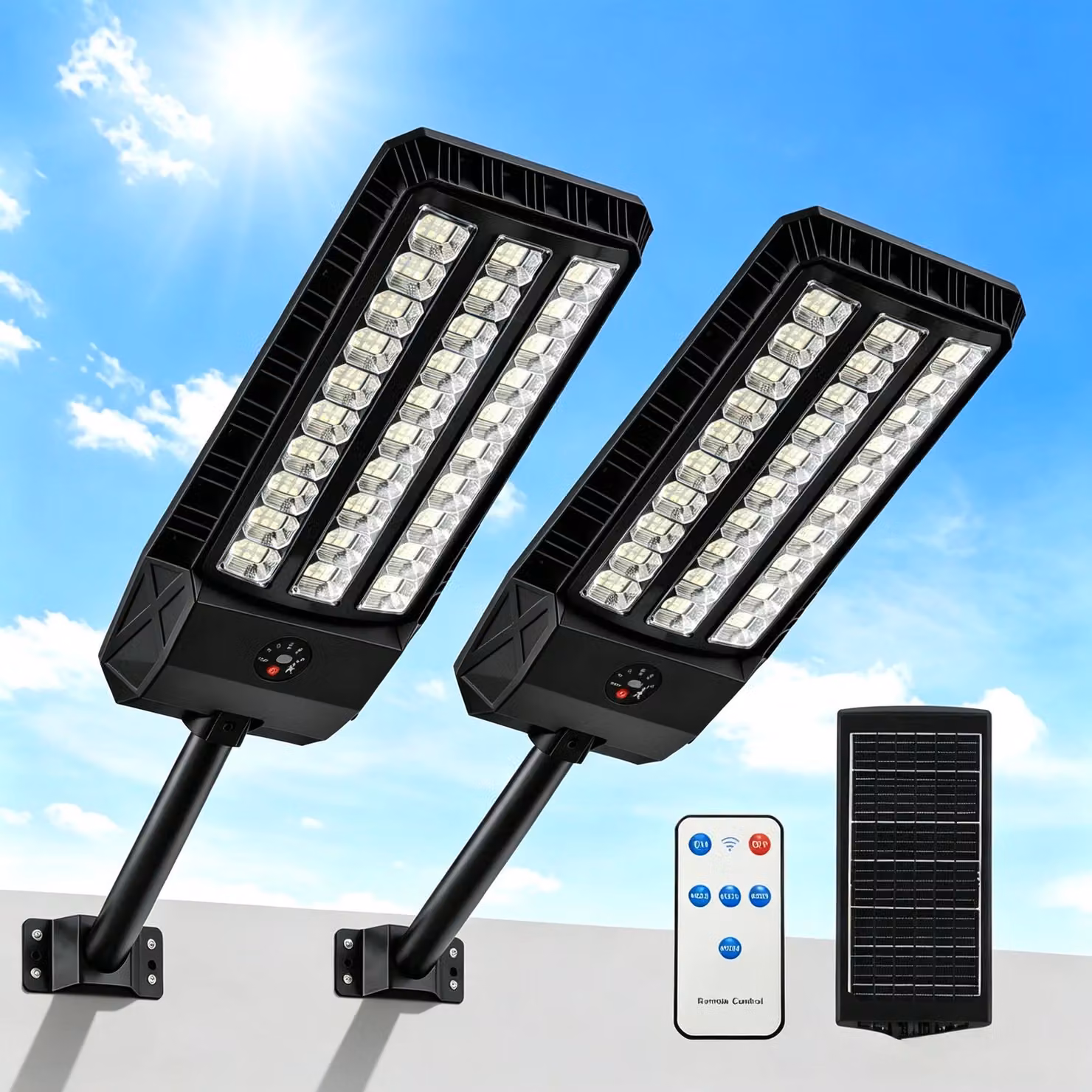 Lampione solare - confezione da 2 - con telecomando - sensore di movimento - grado di protezione IP65 (resistente all'acqua) - 6500 K - con funzione di regolazione dell'intensità luminosa