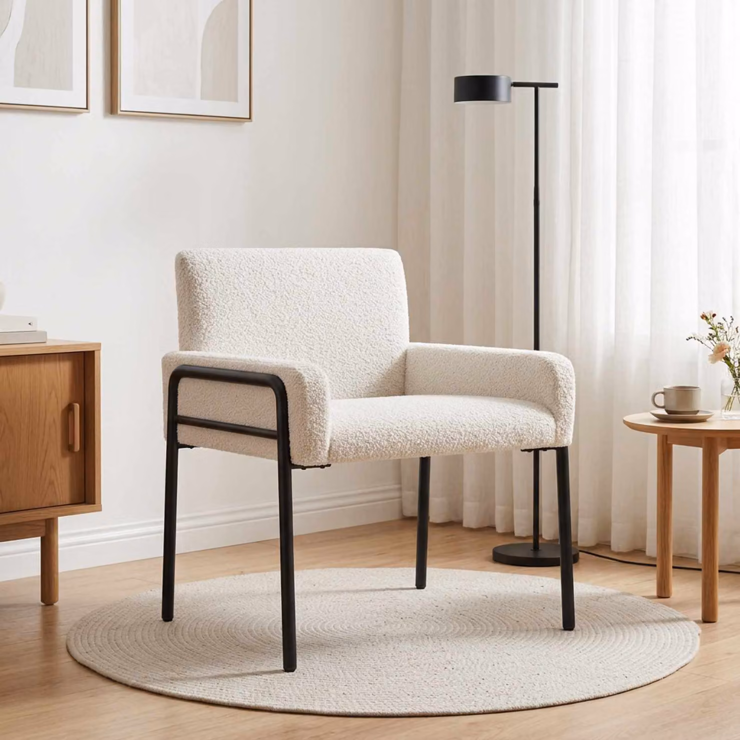 Sedia d'accento moderna vidaXL in tessuto bouclé beige con braccioli e struttura mista
