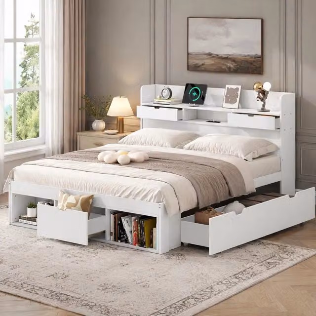 Letto matrimoniale 140 × 190 cm con USB Type-C cassetti armadi contenitore in legno bianco