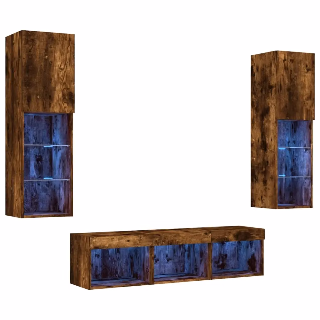 Mobile TV da parete vidaXL in legno multistrato Rovere Fumo con illuminazione LED integrata, set da 5 pezzi, L: 120 cm, P: 40 cm, H: 30 cm – 2