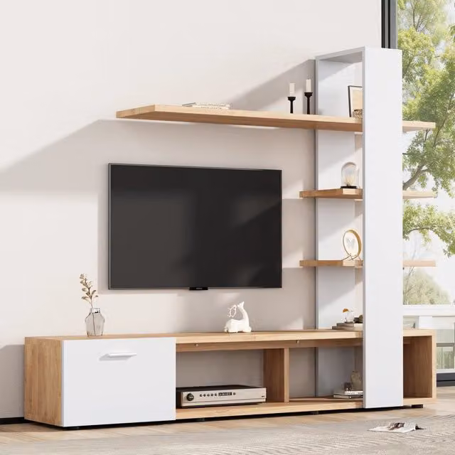 Parete TV moderna WISHDOR bianca e legno con vani aperti e chiusi, L: 180 cm, P: 33,5 cm, H: 151,5 cm