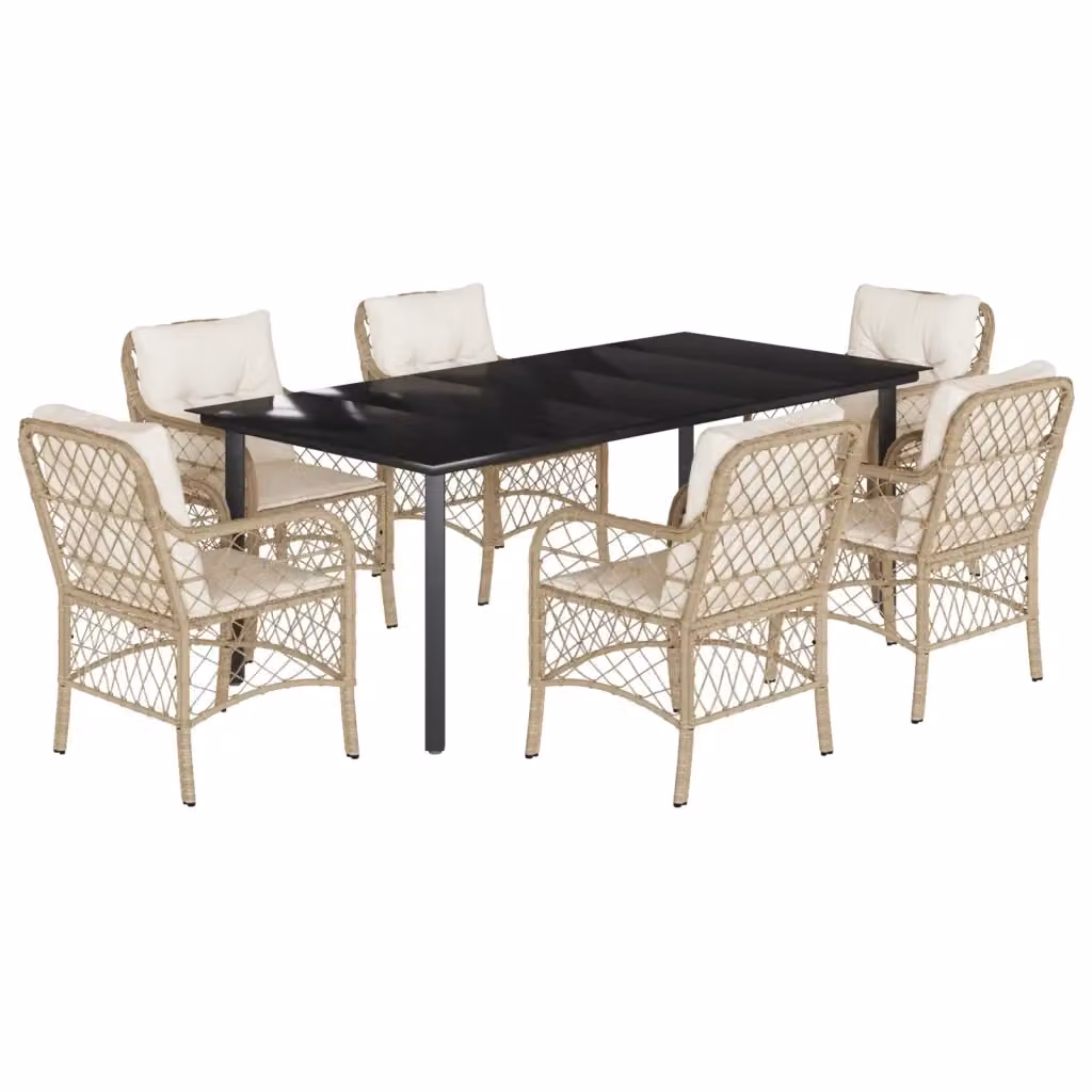 Set da pranzo da giardino vidaXL in polyrattan con cuscini beige e tavolo in vetro, 7 pezzi – 2