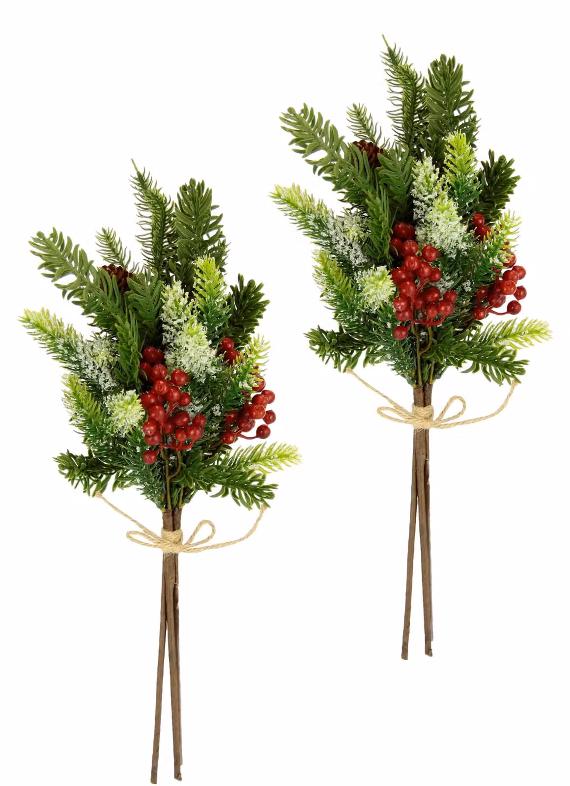 Albero di Natale artificiale, ramo decorato con pigne e decorazioni innevate