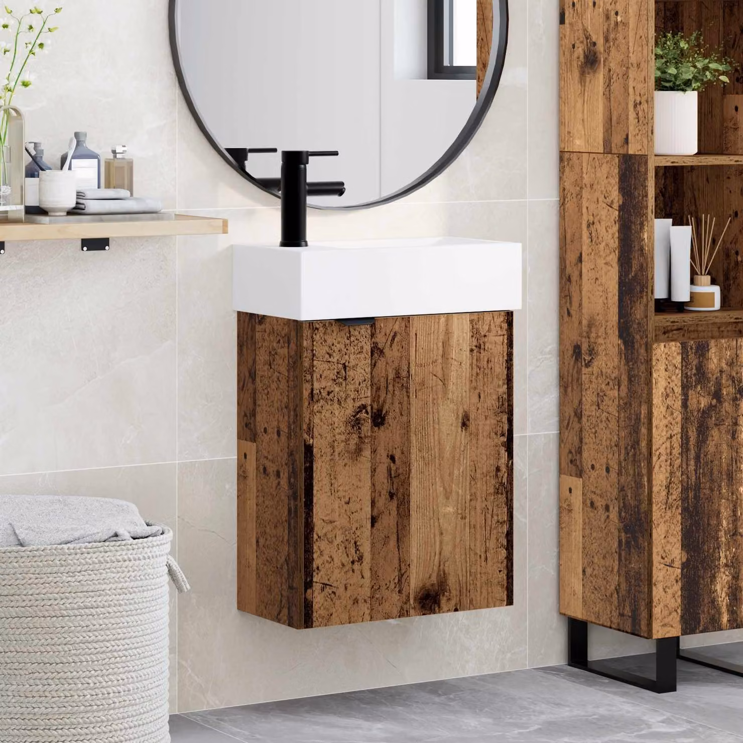 Mobile bagno con rubinetto vidaXL in legno antico, L: 45,5 cm, P: 22,5 cm, H: 84 cm