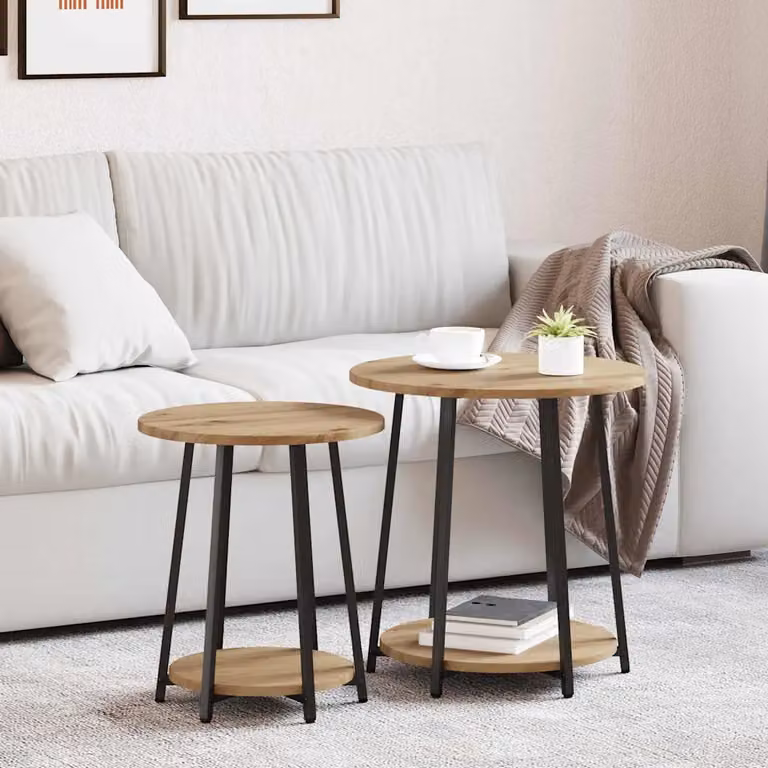 Set di 2 tavolini rotondi vidaXL in stile industriale, colore marrone e nero, L/P/H: 50 x 50 x 51 cm