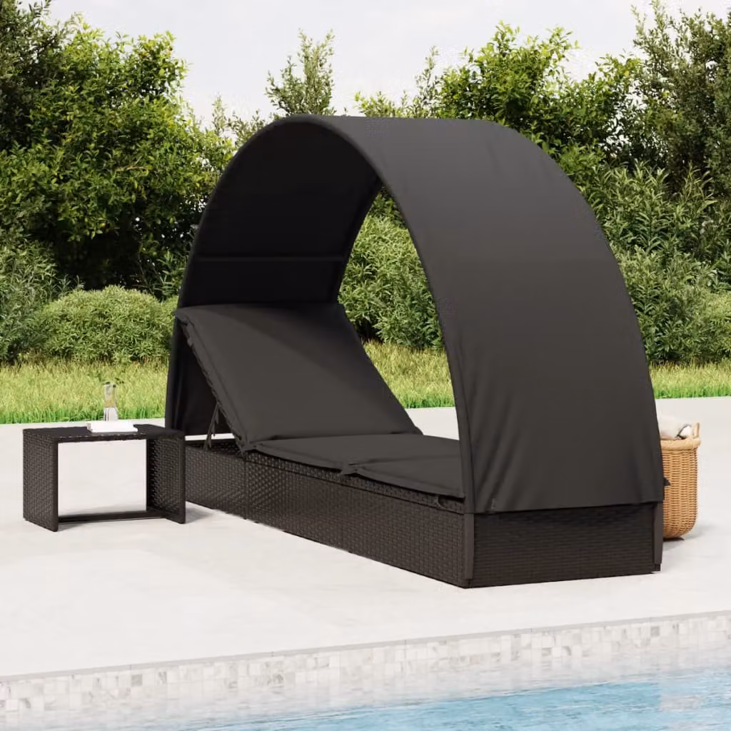 vidaXL Lettino da giardino con tetto rotondo e parasole nero in rattan e metallo L/P/H: 211 x 57 x 140 cm