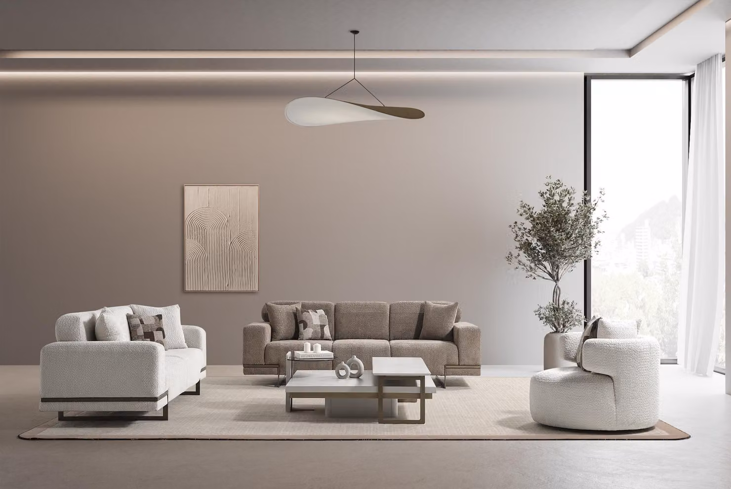 Moderner Wohnzimmer-Set Stoffbeige mit 2 Sofas und Sessel