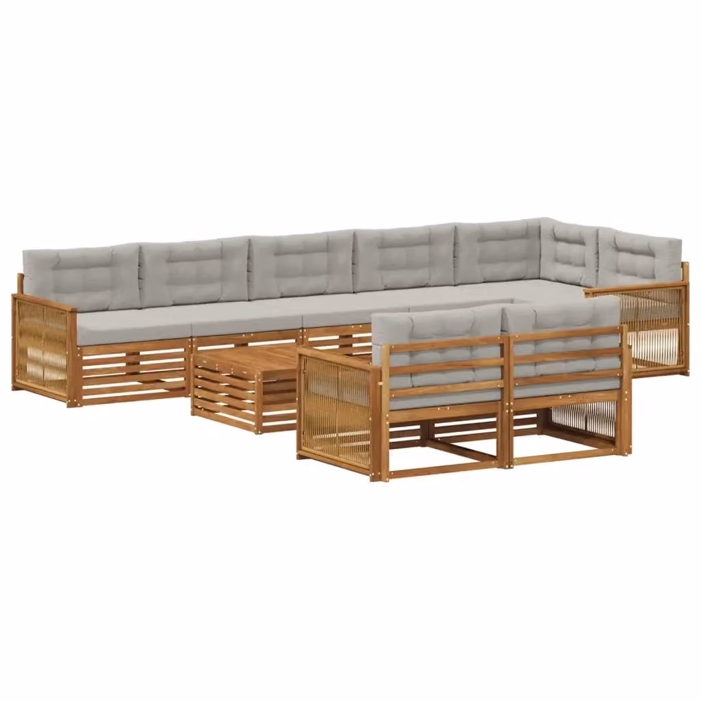 Set di divani da esterno a forma di U vidaXL in legno di acacia con cuscini beige e grigi, 9 pezzi – 2