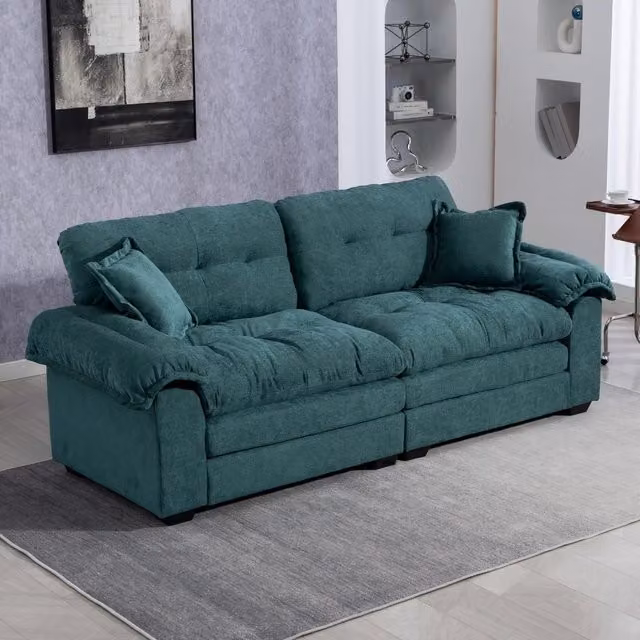 Divano dritto a 2 posti con seduta profonda e cuscino a doppio strato in ciniglia verde 214 × 89 × 93 cm