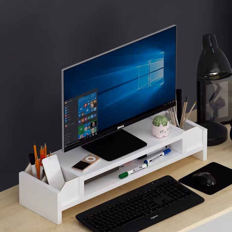 HOMIDEA CINAR Supporto per monitor – Rialzo per monitor con ripiano – Organizer da scrivania per l'ufficio e l'home office (bianco)