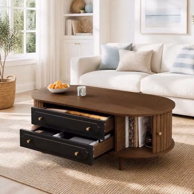 Tavolino da salotto MODFU con 2 cassetti e 2 ante avvolgibili in MDF laminato, colore noce e nero, L/P/H: 100 x 50 x 36 cm