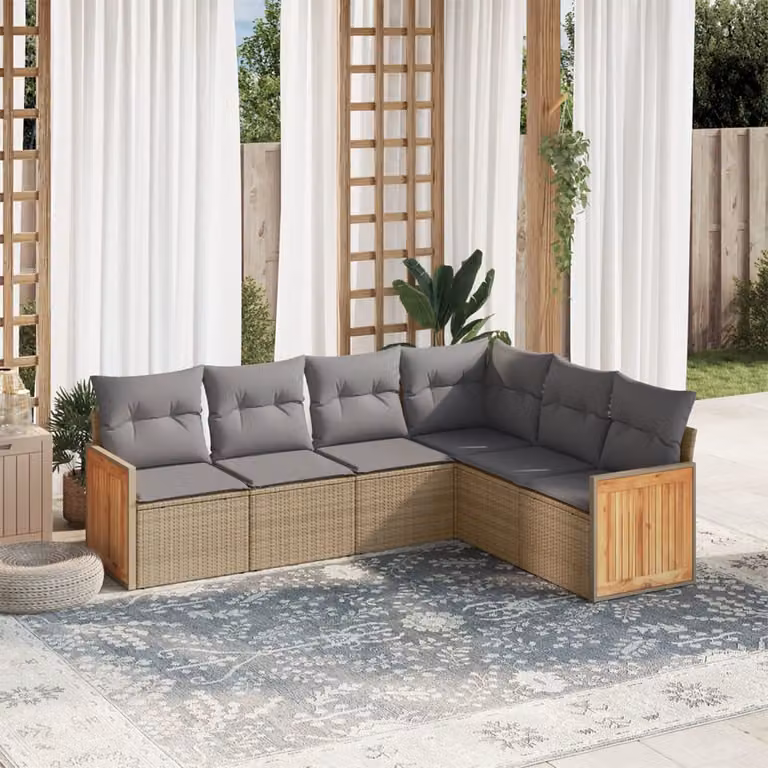 Set Divano da Giardino a L vidaXL 6 pz con Cuscini Beige e Struttura in Metallo e Legno di Acacia