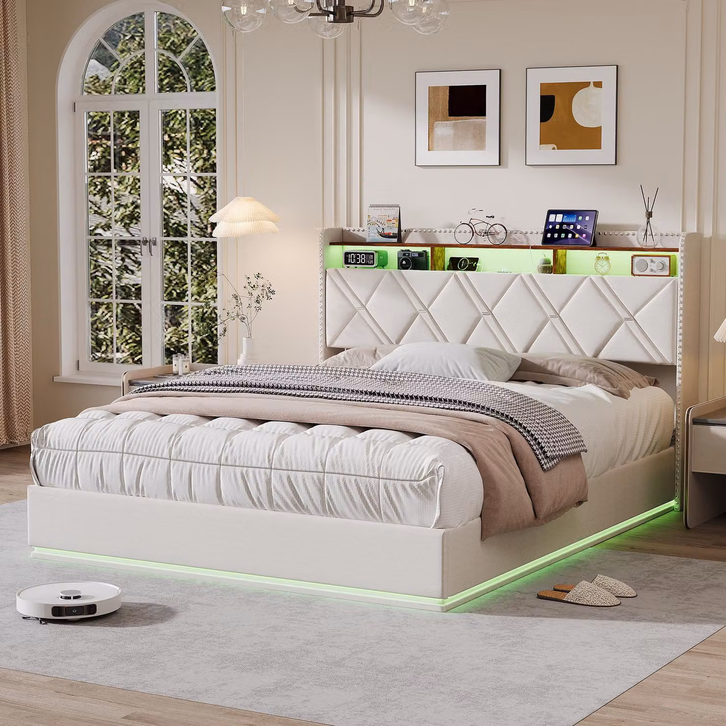 Struttura letto Moonbite RGB LED 140x200 cm in lino, sistema idraulico con prese USB, testiera con vano portaoggetti, beige