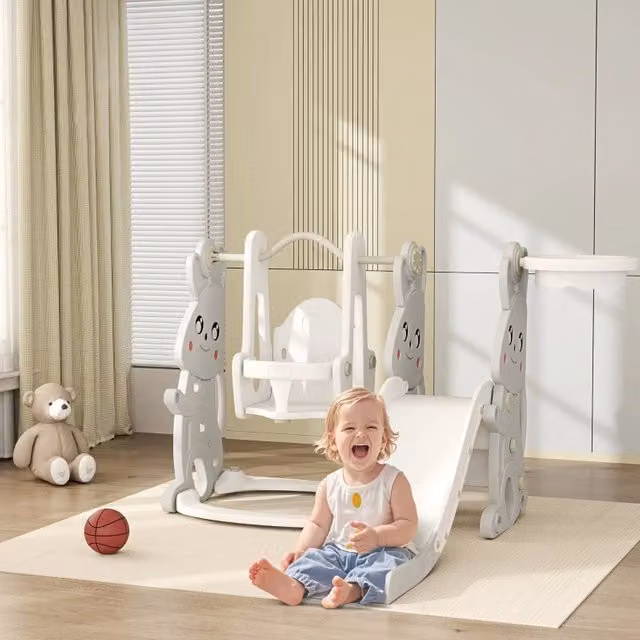 Set gioco 4 in 1 REDOM con scivolo, altalena, canestro e arrampicata in plastica grigia e bianca