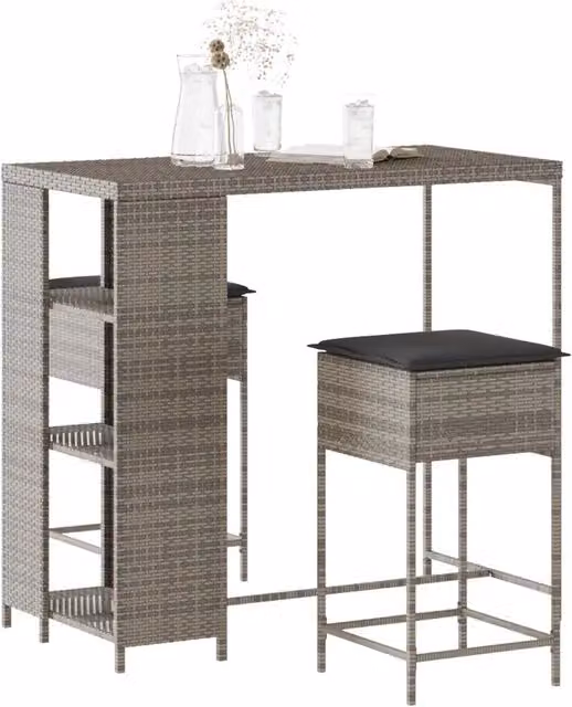 Set Bar da Giardino 3 Pezzi vidaXL in Polyrattan Grigio con Cuscini