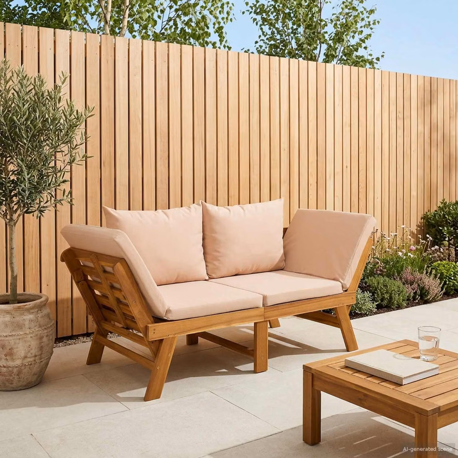 Panchina da giardino 3 in 1 vidaXL in legno di acacia e metallo con cuscini beige stile rustico